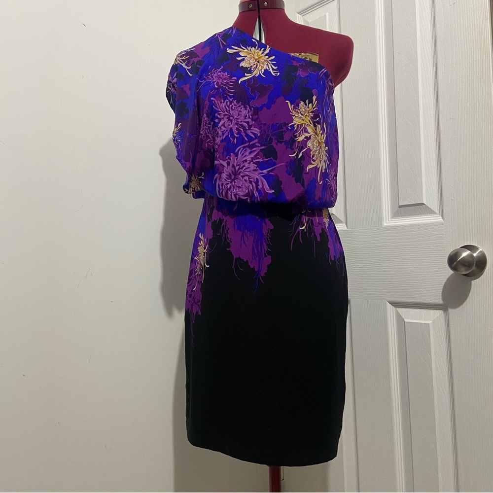 Le Chateau One-Shoulder Dress in Purple and Black